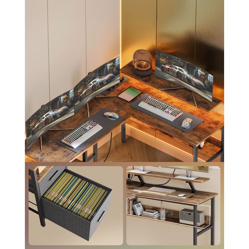 Bureau En L LED Avec Multiprise, Avec Rehausseur D’écran, 150x120x76 Cm, Marron