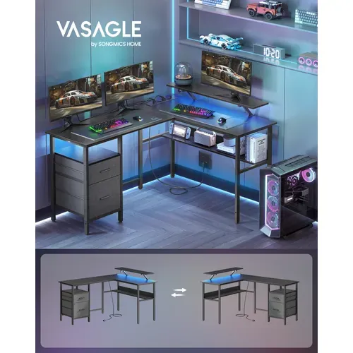 Bureau Gaming VASAGLE Avec LED Et Multiprise – 120x60 Cm, Rehausseur D'écran, Noir Carbone, Idéal Pour Deux écrans