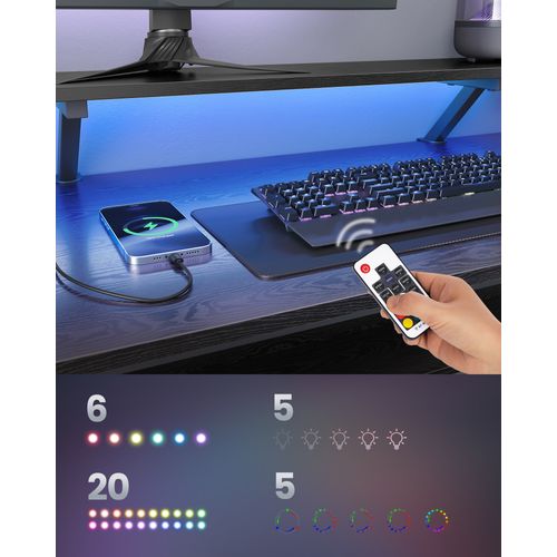 Bureau En L Avec Multiprise, Bureau Informatique Avec Rehausseur D’écran, Bureau Gaming LED, Noir