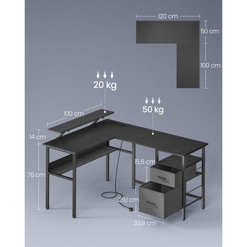 Bureau En L Avec Multiprise, Bureau Informatique Avec Rehausseur D’écran, Bureau Gaming LED, Noir