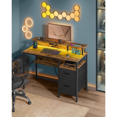 Bureau Gaming Avec Lumières LED Et Multiprise,avec Support D'écran, 2 Tiroirs, 2 Ports USB, Marron