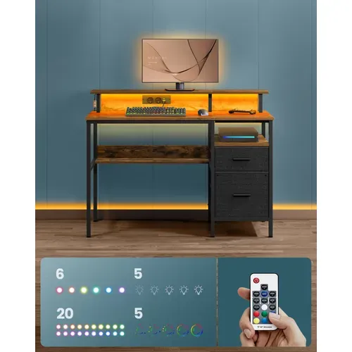 Bureau Gaming Avec Lumières LED Et Multiprise,avec Support D'écran, 2 Tiroirs, 2 Ports USB, Marron