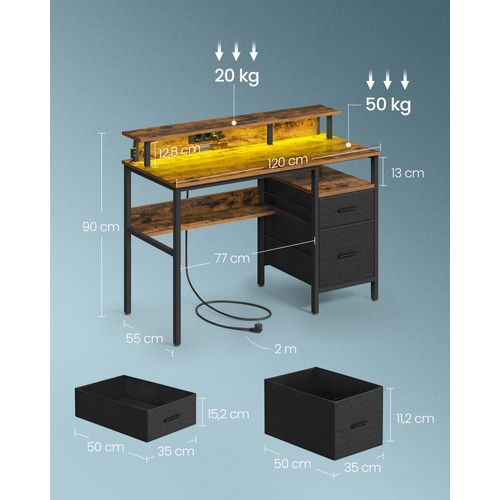 Bureau Gaming Avec Lumières LED Et Multiprise,avec Support D'écran, 2 Tiroirs, 2 Ports USB, Marron