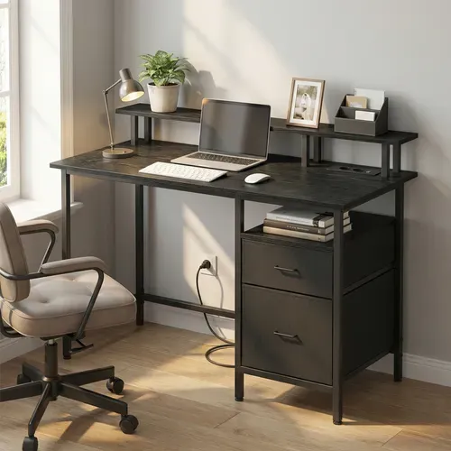 Bureau de Travail, Support d’Écran, Tiroirs en Tissu, Station de Charge, 120 x 60 cm, Noir