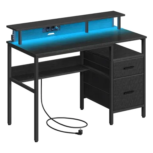 Bureau de Travail, Support d’Écran, Tiroirs en Tissu, Station de Charge, 120 x 60 cm, Noir