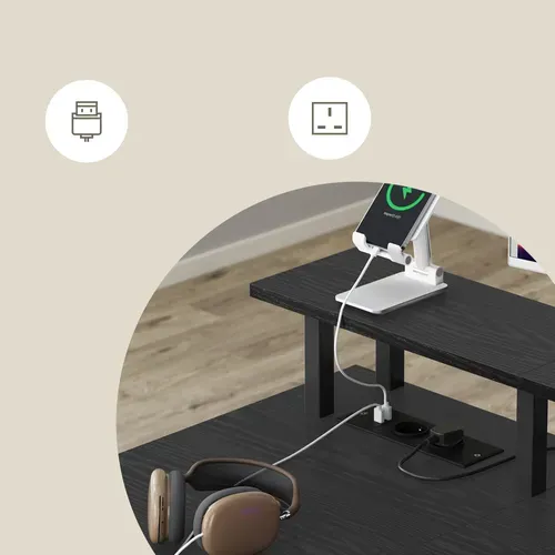 Bureau de Travail, Support d’Écran, Tiroirs en Tissu, Station de Charge, 120 x 60 cm, Noir