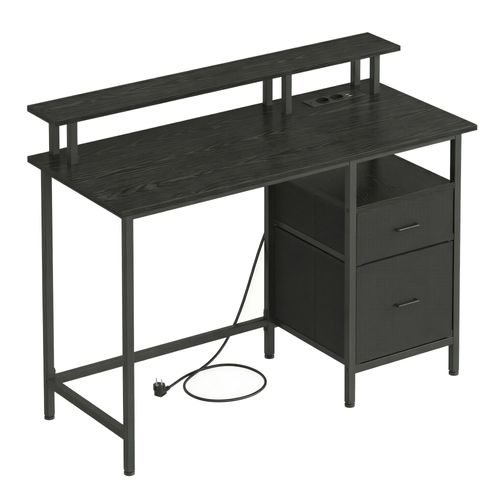 Bureau de Travail, Support d’Écran, Tiroirs en Tissu, Station de Charge, 120 x 60 cm, Noir