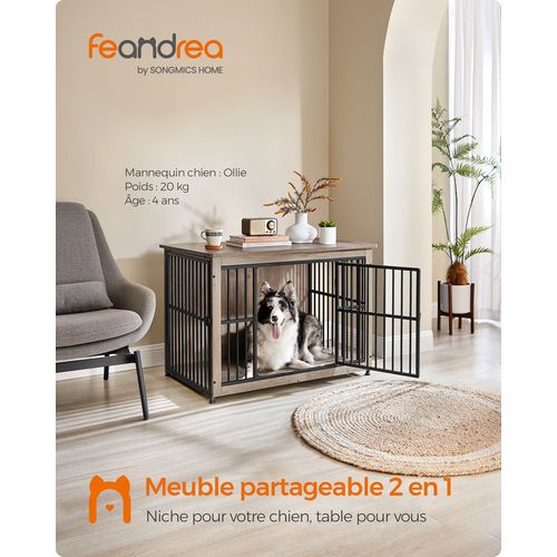 Meuble Cage Pour Chien, Table D'appoint, Niche Moderne Pour Chiens Jusqu’à 32 Kg, Grège Chiné