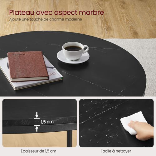 Table Basse, Façon Marbre, Support En Verre Trempé, Facile à Assembler, Noir Marbré Et Noir D'encre