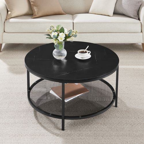 Table Basse, Façon Marbre, Support En Verre Trempé, Facile à Assembler, Noir Marbré Et Noir D'encre