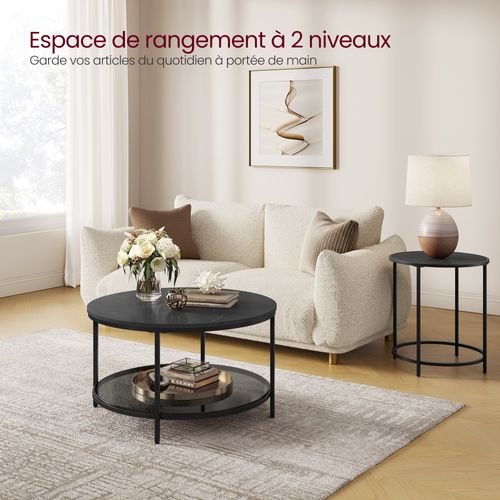 Table Basse, Façon Marbre, Support En Verre Trempé, Facile à Assembler, Noir Marbré Et Noir D'encre