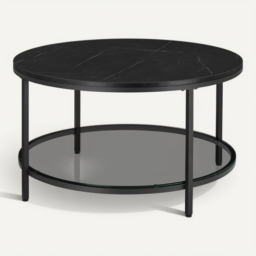 Table Basse, Façon Marbre, Support En Verre Trempé, Facile à Assembler, Noir Marbré Et Noir D'encre