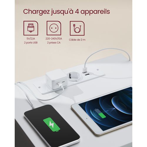 Table De Chevet Avec Multiprise, Avec 3 Tiroirs, 2 Prises Ca, Blanc Nuage