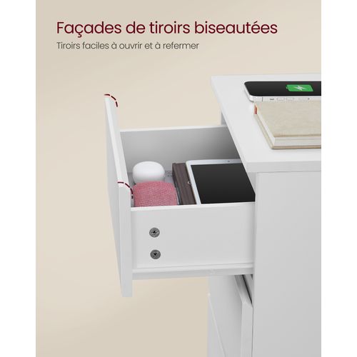 Table De Chevet Avec Multiprise, Avec 3 Tiroirs, 2 Prises Ca, Blanc Nuage