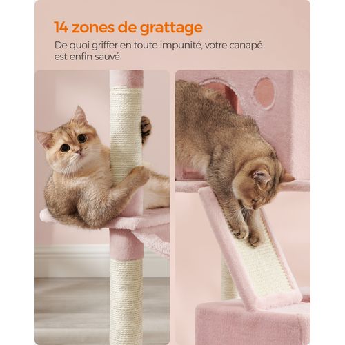 Arbre à Chat, Hauteur 206 Cm, Avec 13 Griffoirs, 2 Plate-forme, 2 Niches, Panier, Hamac, Rose Bonbon