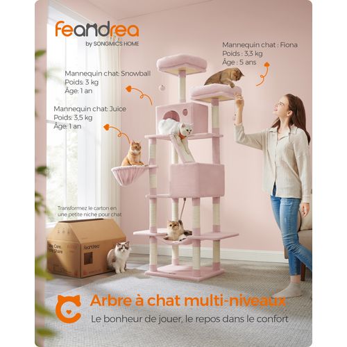 Arbre à Chat, Hauteur 206 Cm, Avec 13 Griffoirs, 2 Plate-forme, 2 Niches, Panier, Hamac, Rose Bonbon