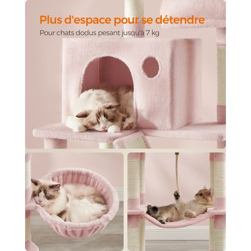 Arbre à Chat, Hauteur 206 Cm, Avec 13 Griffoirs, 2 Plate-forme, 2 Niches, Panier, Hamac, Rose Bonbon