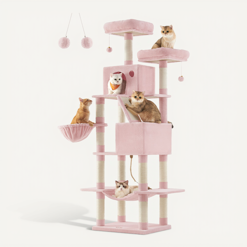 Arbre à Chat, Hauteur 206 Cm, Avec 13 Griffoirs, 2 Plate-forme, 2 Niches, Panier, Hamac, Rose Bonbon