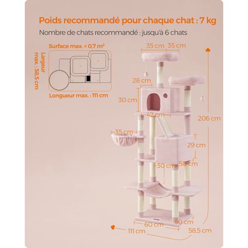 Arbre à Chat, Hauteur 206 Cm, Avec 13 Griffoirs, 2 Plate-forme, 2 Niches, Panier, Hamac, Rose Bonbon