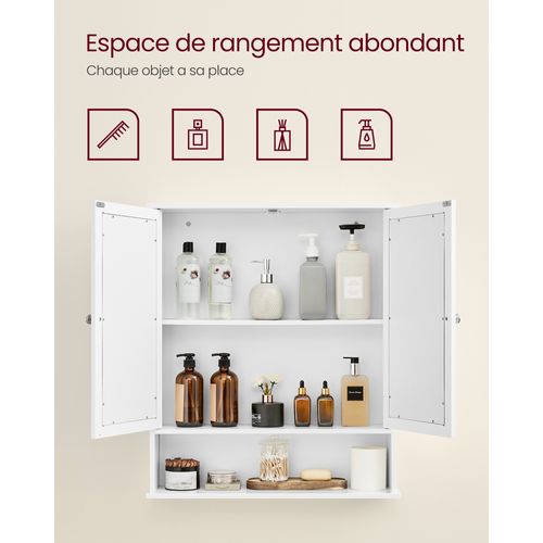 Armoire de toilette, 2 Portes-miroir & Compartiment Ouvert, Étagère Réglable, 15x65x75cm, Blanc