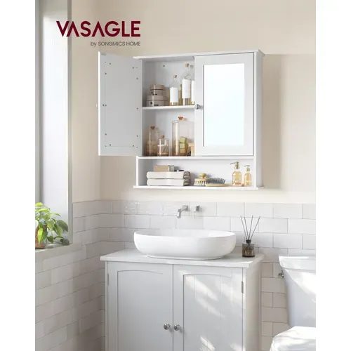 Armoire de toilette, 2 Portes-miroir & Compartiment Ouvert, Étagère Réglable, 15x65x75cm, Blanc