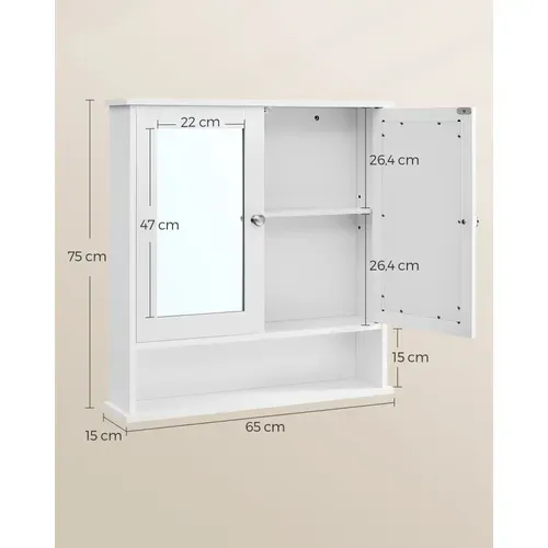 Armoire de toilette, 2 Portes-miroir & Compartiment Ouvert, Étagère Réglable, 15x65x75cm, Blanc