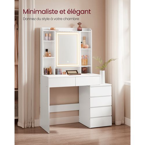 Coiffeuse Avec Un Grand Miroir LED à Luminosité Réglable, 6 Tiroirs - 97.5x40x145 Cm - Blanc