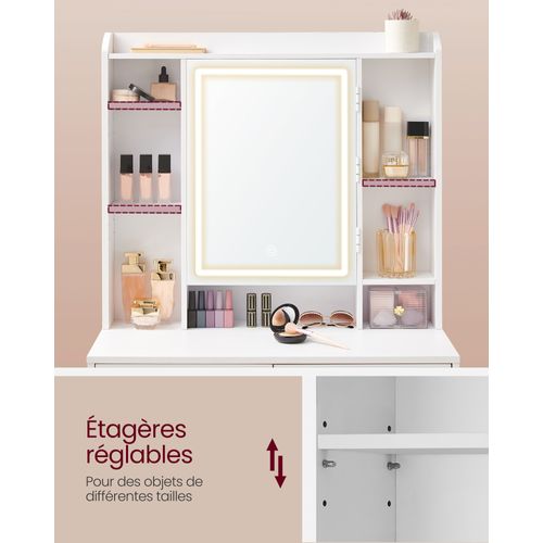 Coiffeuse Avec Un Grand Miroir LED à Luminosité Réglable, 6 Tiroirs - 97.5x40x145 Cm - Blanc