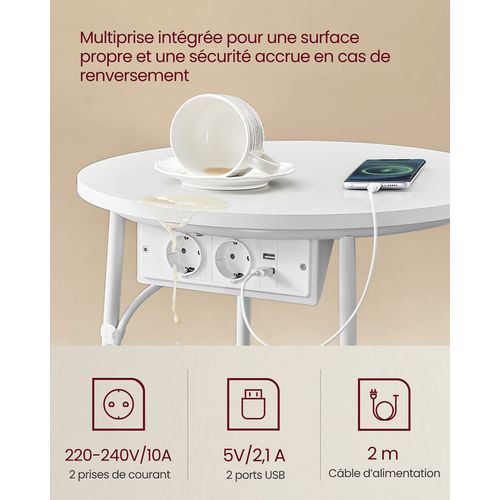 Table Basse Avec Multiprise, Table Ronde, Ports USB, Panier En Tissu, Blanc Mat Et Marron Camel