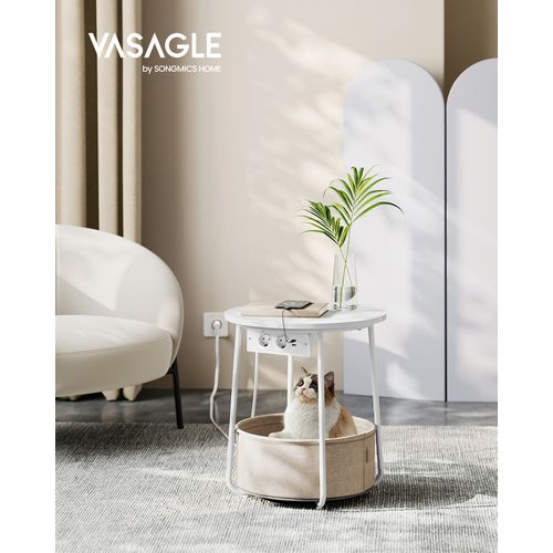 Table Basse Avec Multiprise, Table Ronde, Ports USB, Panier En Tissu, Blanc Mat Et Marron Camel