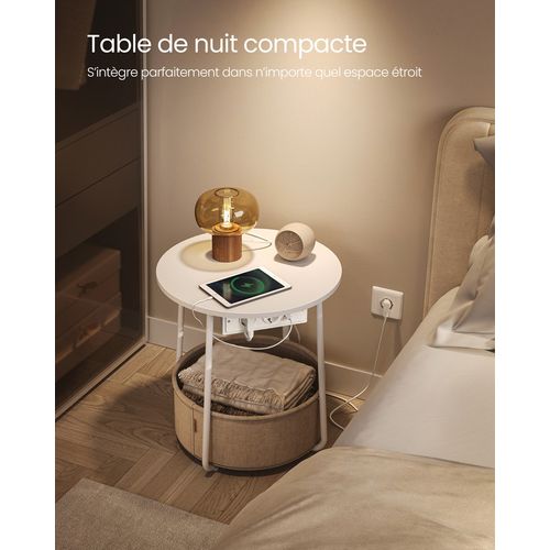 Table Basse Avec Multiprise, Table Ronde, Ports USB, Panier En Tissu, Blanc Mat Et Marron Camel