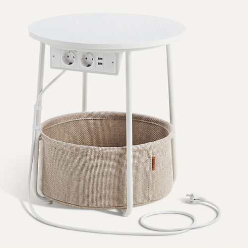 Table Basse Avec Multiprise, Table Ronde, Ports USB, Panier En Tissu, Blanc Mat Et Marron Camel