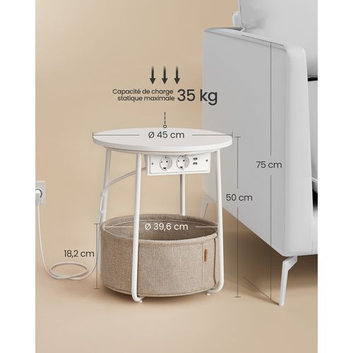 Table Basse Avec Multiprise, Table Ronde, Ports USB, Panier En Tissu, Blanc Mat Et Marron Camel