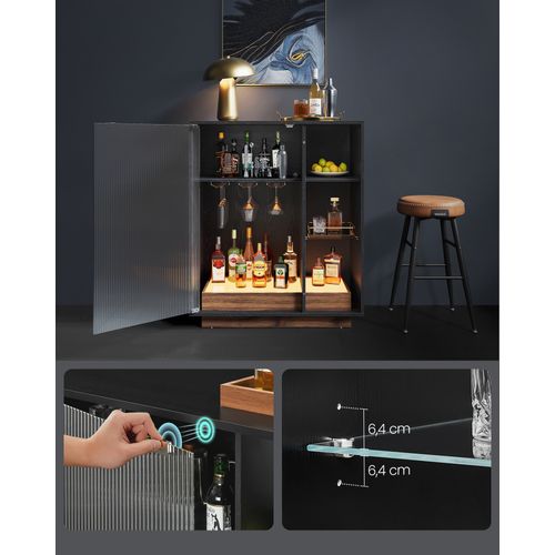 Meuble Bar à Vin Avec Éclairage, Buffet Avec LED, Avec Porte-verre, Porte En Verre Cannelé, Noir