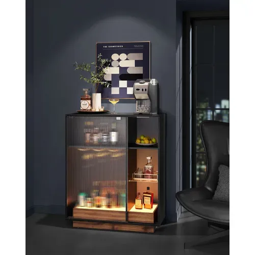 Meuble Bar à Vin Avec Éclairage, Buffet Avec LED, Avec Porte-verre, Porte En Verre Cannelé, Noir