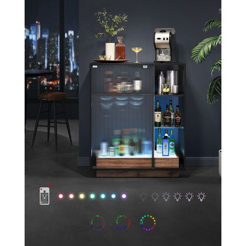 Meuble Bar à Vin Avec Éclairage, Buffet Avec LED, Avec Porte-verre, Porte En Verre Cannelé, Noir