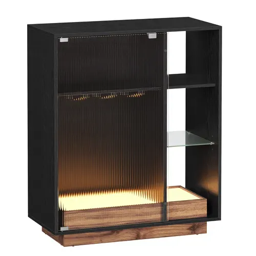 Meuble Bar à Vin Avec Éclairage, Buffet Avec LED, Avec Porte-verre, Porte En Verre Cannelé, Noir