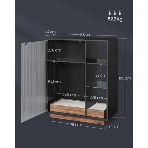 Meuble Bar à Vin Avec Éclairage, Buffet Avec LED, Avec Porte-verre, Porte En Verre Cannelé, Noir
