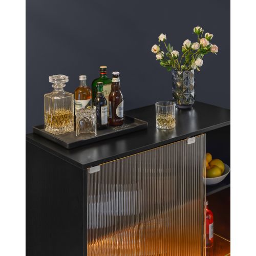 Meuble Bar à Vin Avec Éclairage, Buffet Avec LED, Avec Porte-verre, Porte En Verre Cannelé, Noir