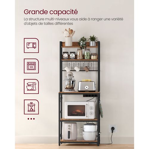 étagère De Cuisine Avec Multiprise, 14 Crochets, 40 X 60 X 170 Cm, Marron Rustique Et Noir