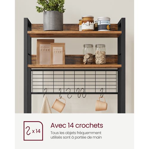 étagère De Cuisine Avec Multiprise, 14 Crochets, 40 X 60 X 170 Cm, Marron Rustique Et Noir
