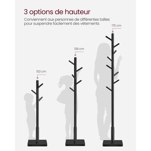 Portemanteau, Support Sur Pieds Avec 8 Crochets, 3 Hauteurs, Bois D'hévéa, Noir D'encre