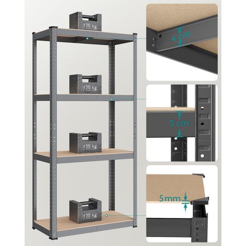 Étagère Charge Lourde à 4 Niveaux, Montage Sans Vis, Capacité 520 Kg, 40 X 80 X 160 Cm, Gris