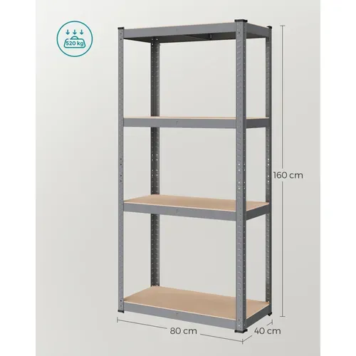 Étagère Charge Lourde à 4 Niveaux, Montage Sans Vis, Capacité 520 Kg, 40 X 80 X 160 Cm, Gris