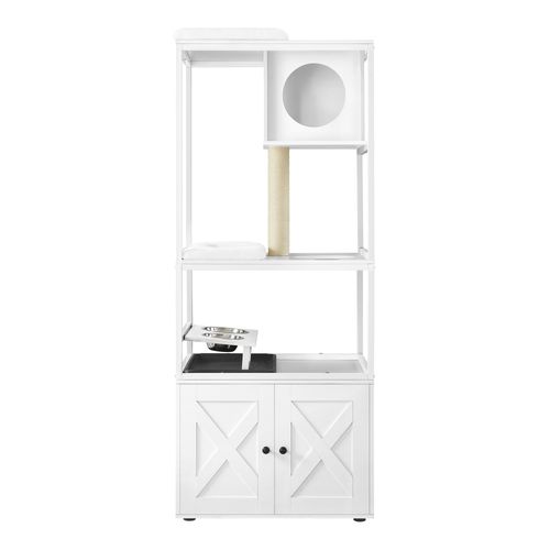 Arbre à Chat, Avec Cache-litière, Gamelles Surélevées, Poteau à Griffer En Sisal, Blanc Nuage