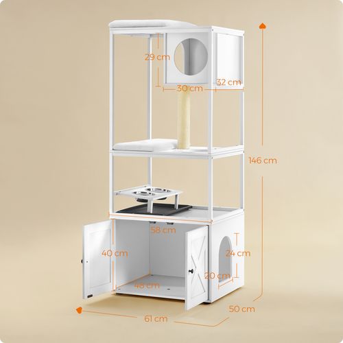 Arbre à Chat, Avec Cache-litière, Gamelles Surélevées, Poteau à Griffer En Sisal, Blanc Nuage