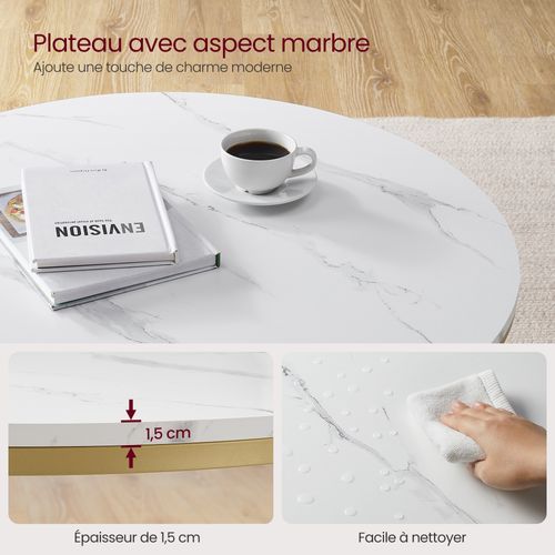 Table Basse, Façon Marbre, Support En Verre Trempé, Blanc Marbré Et Doré Métallique
