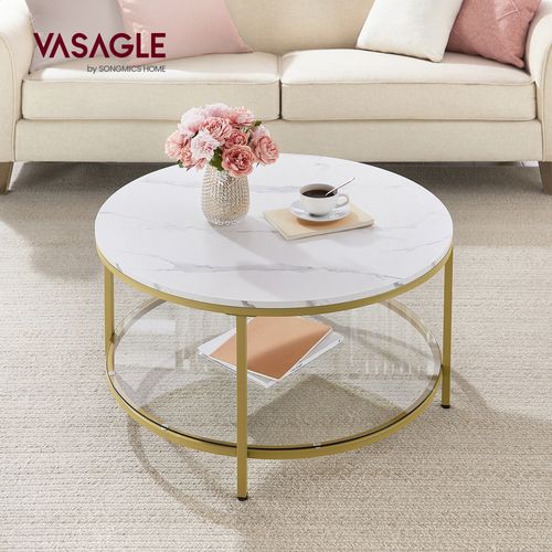 Table Basse, Façon Marbre, Support En Verre Trempé, Blanc Marbré Et Doré Métallique