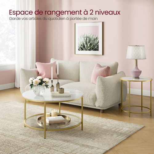 Table Basse, Façon Marbre, Support En Verre Trempé, Blanc Marbré Et Doré Métallique