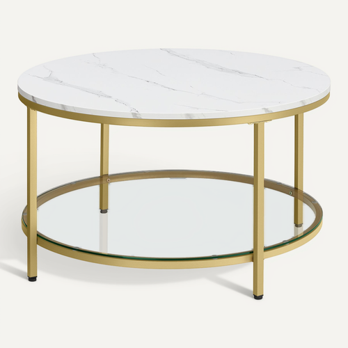 Table Basse, Façon Marbre, Support En Verre Trempé, Blanc Marbré Et Doré Métallique